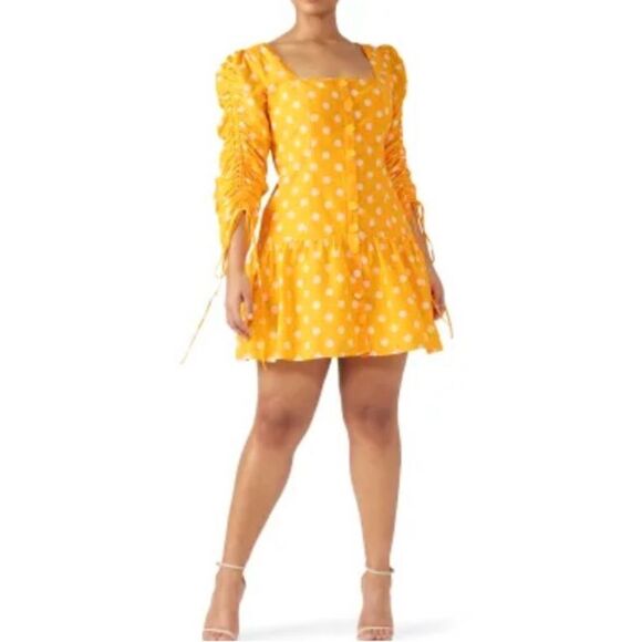 Revolve Nicholas Ruched Sleeve Button Front Dress Yellow Polka Dot No Belt 10 - Picture 4 of 16